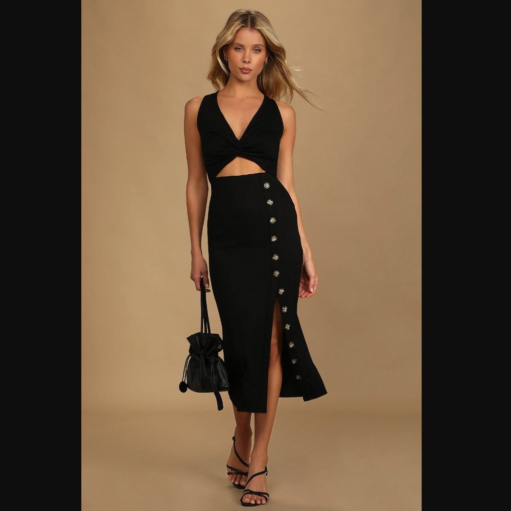 Lulu's Trend Seeker Black Ribbed Twist-Front Cutout Midi Dress